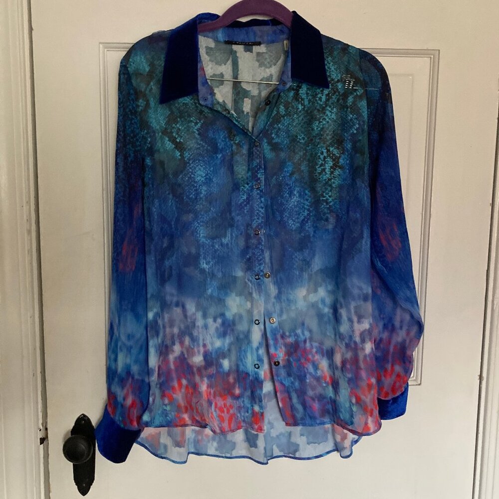T Tahari sheer blouse with velvet cuffs/collar - blue/green/red snakeskin vibes